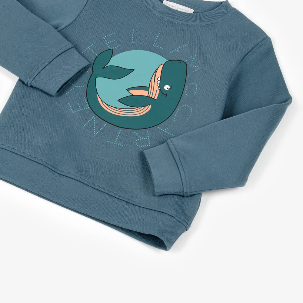 Stella McCartney Kids-Свитшот синий из хлопка с китом и круглым логотипом для мальчиков | Childrensalon