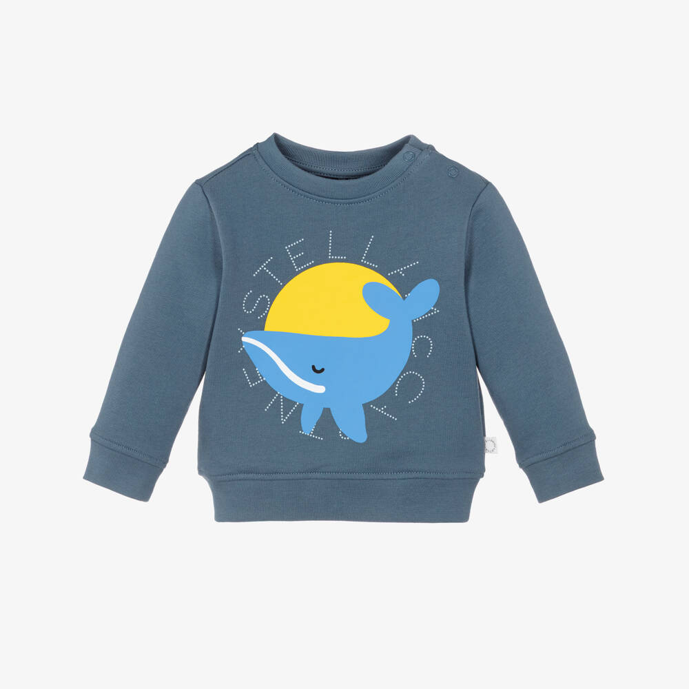 Stella McCartney Kids-Boys Blue Cotton Whale Print & Circular Logo Sweatshirt | Childrensalon