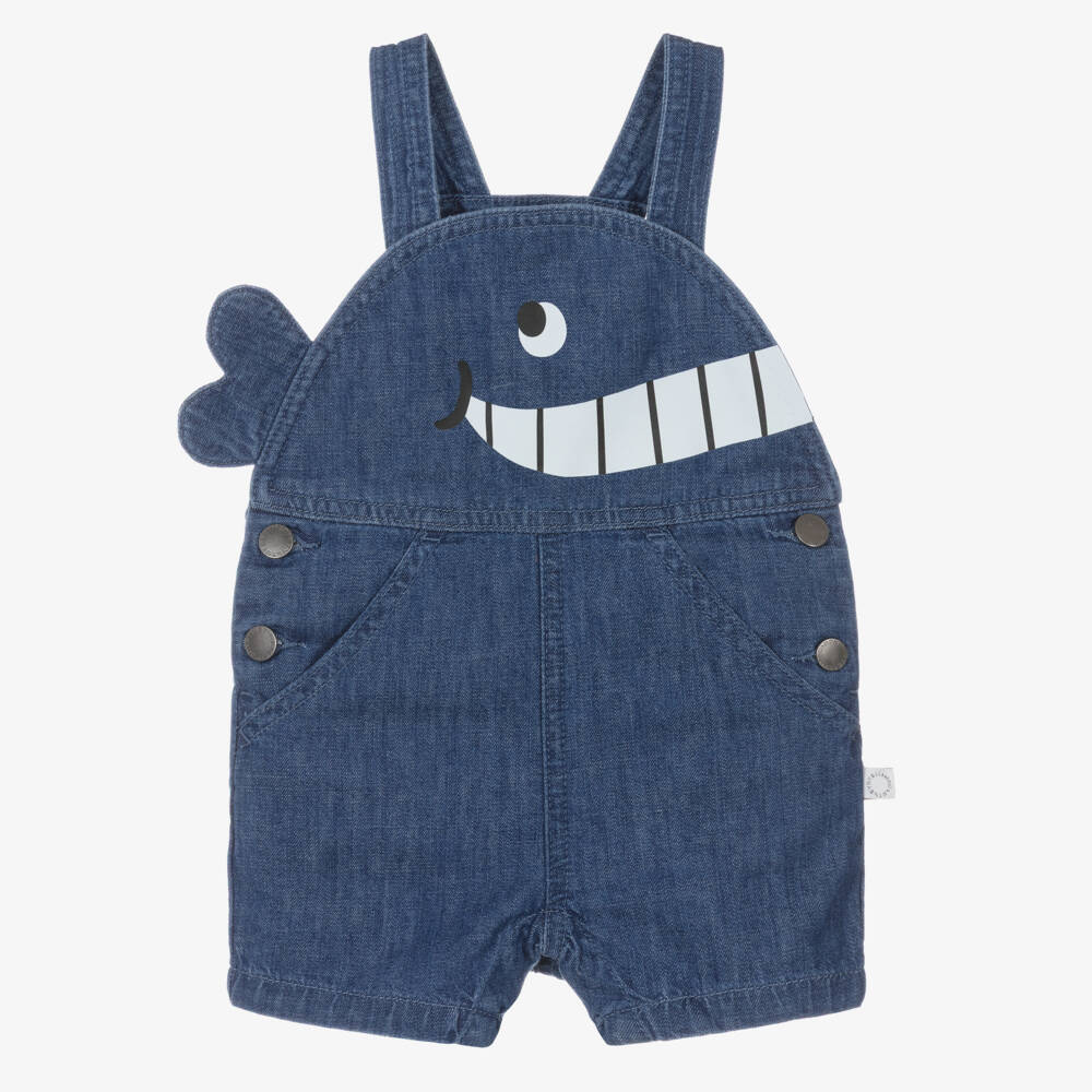 Stella McCartney Kids-Boys Blue Denim Whale Dungaree Shorts | Childrensalon