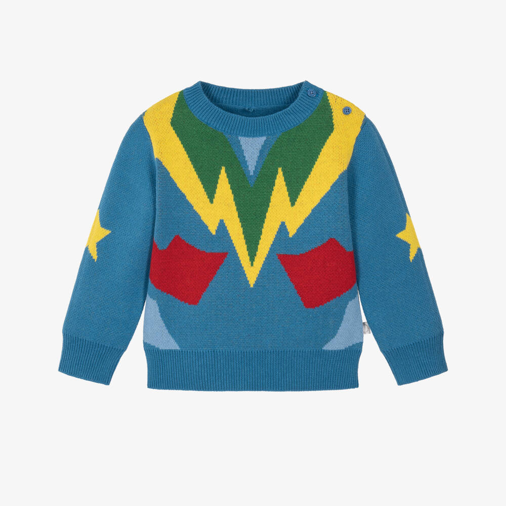 Stella McCartney Kids-Boys Blue Knit Superhero Sweater | Childrensalon