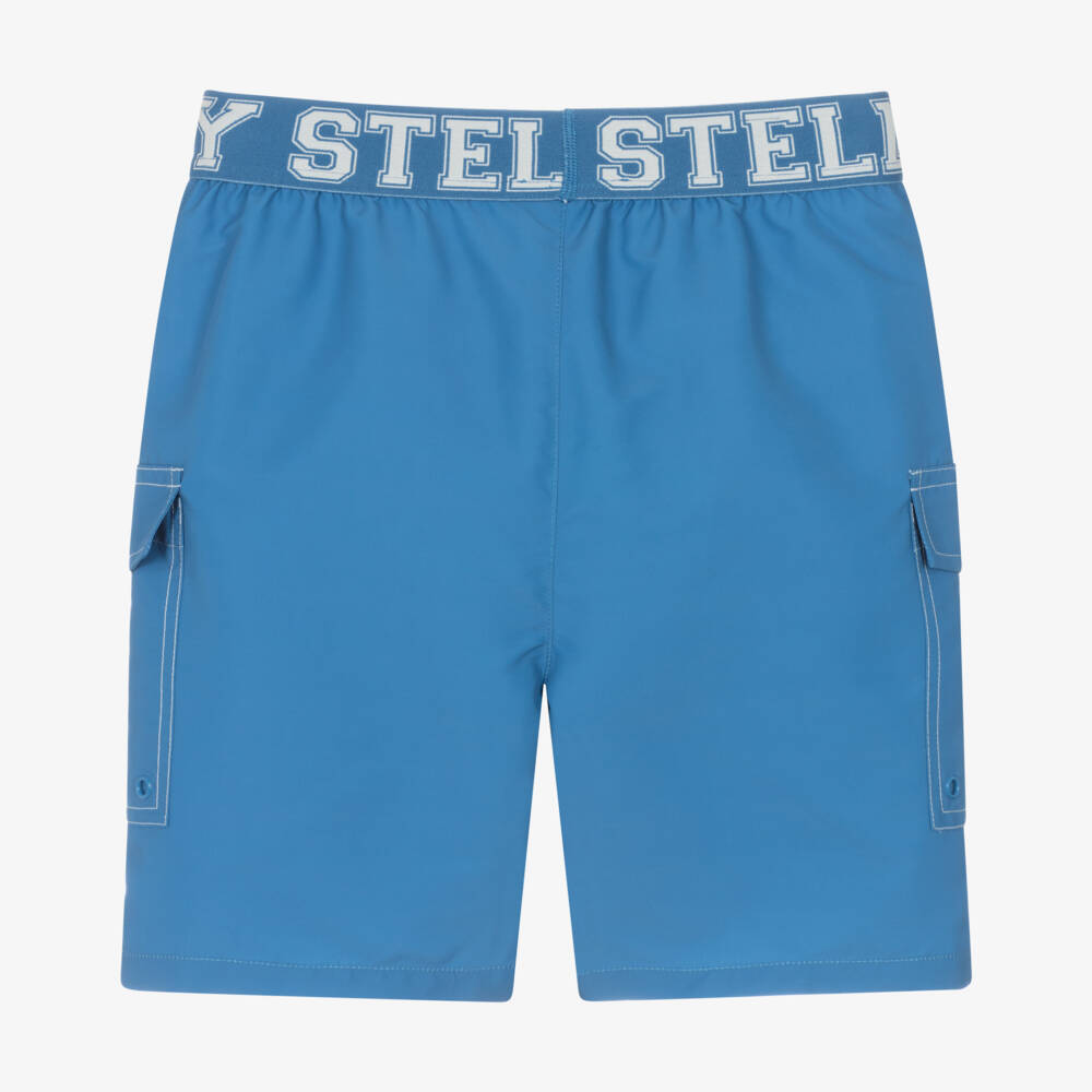 Stella McCartney Kids-Boys Blue Logo Waistband Swim Shorts | Childrensalon