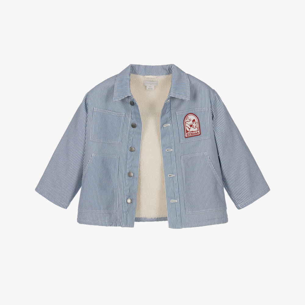 Stella McCartney Kids-Boys Blue Striped Jacket with Sherpa Lining | Childrensalon