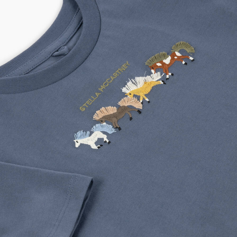 Stella McCartney Kids-Boys Blue T-Shirt with Embroidered Horses | Childrensalon