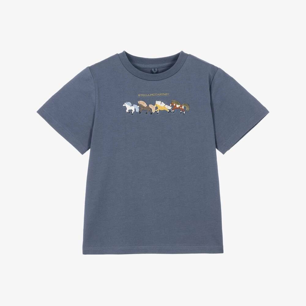 Stella McCartney Kids-Boys Blue T-Shirt with Embroidered Horses | Childrensalon