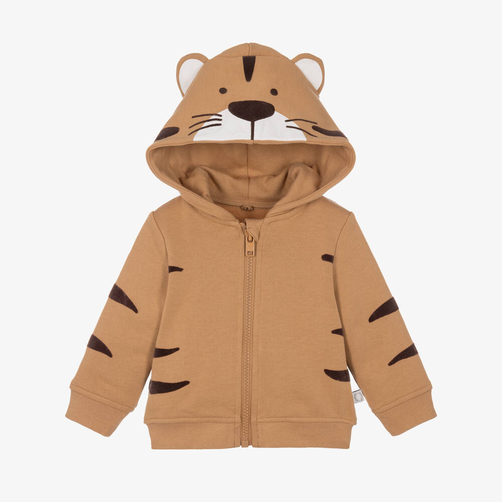 Stella McCartney Kids-Boys Brown Cotton Hooded Zip-Up Top in Tiger Design | Childrensalon