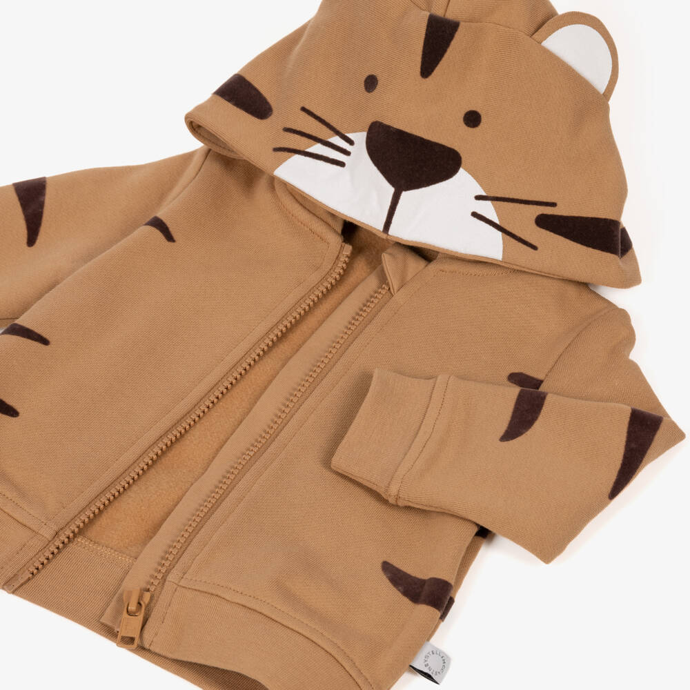Stella McCartney Kids-Boys Brown Cotton Hooded Zip-Up Top in Tiger Design | Childrensalon