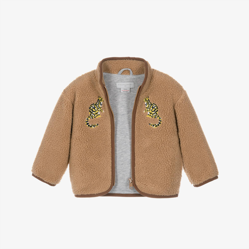 Stella McCartney Kids-Boys Brown Sherpa Jacket With Embroidered Tigers | Childrensalon