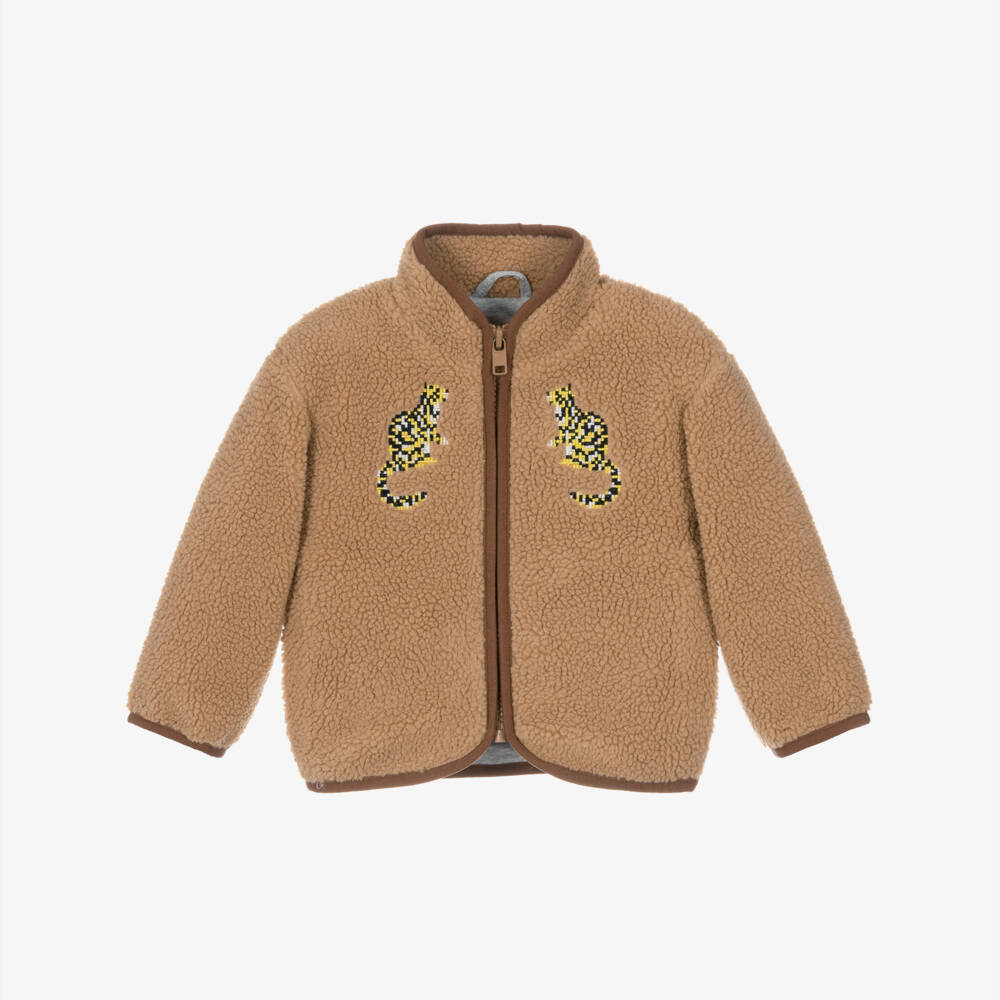Stella McCartney Kids-Boys Brown Sherpa Jacket With Embroidered Tigers | Childrensalon