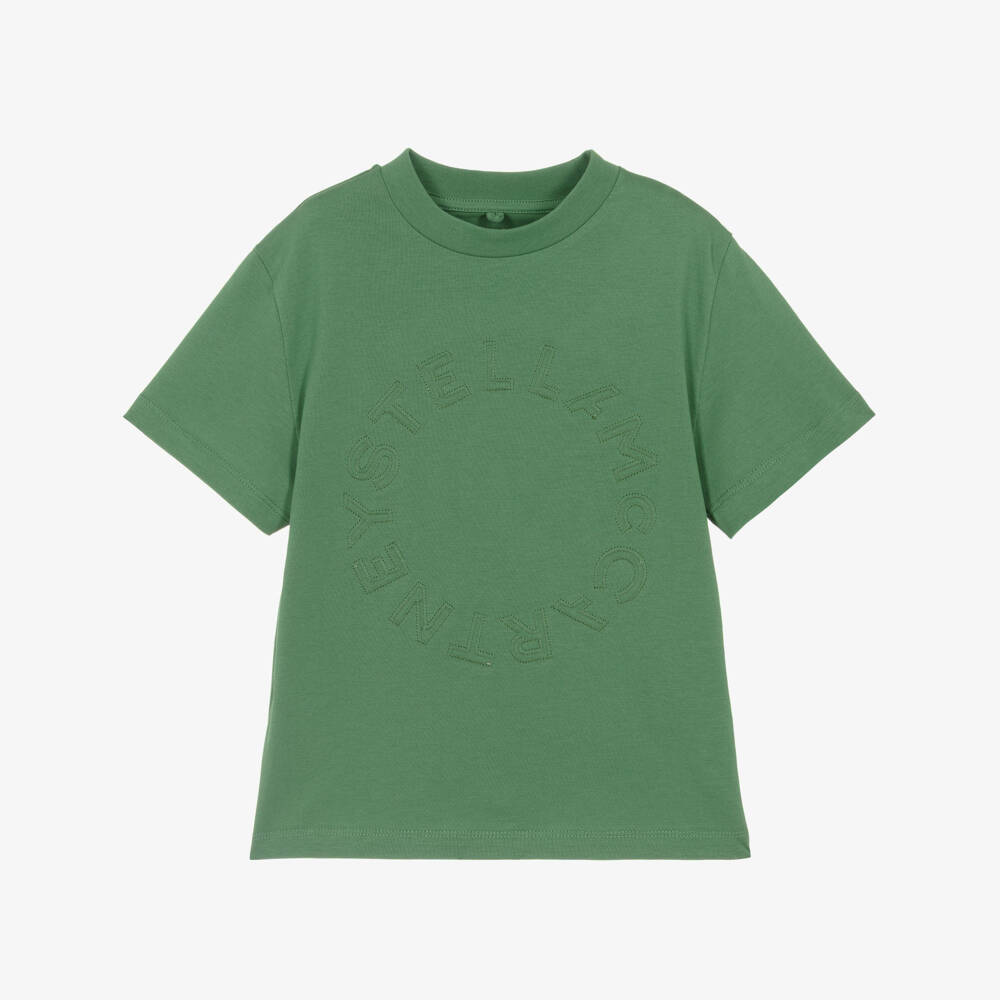 Stella McCartney Kids-Boys Green Cotton T-Shirt with Circular Logo | Childrensalon