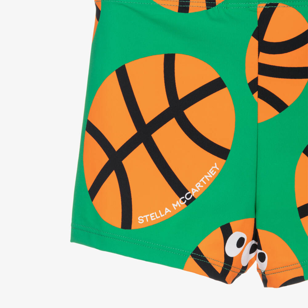 Stella McCartney Kids-Boys Green & Orange Basketball Print Swim Shorts (UPF50+) | Childrensalon