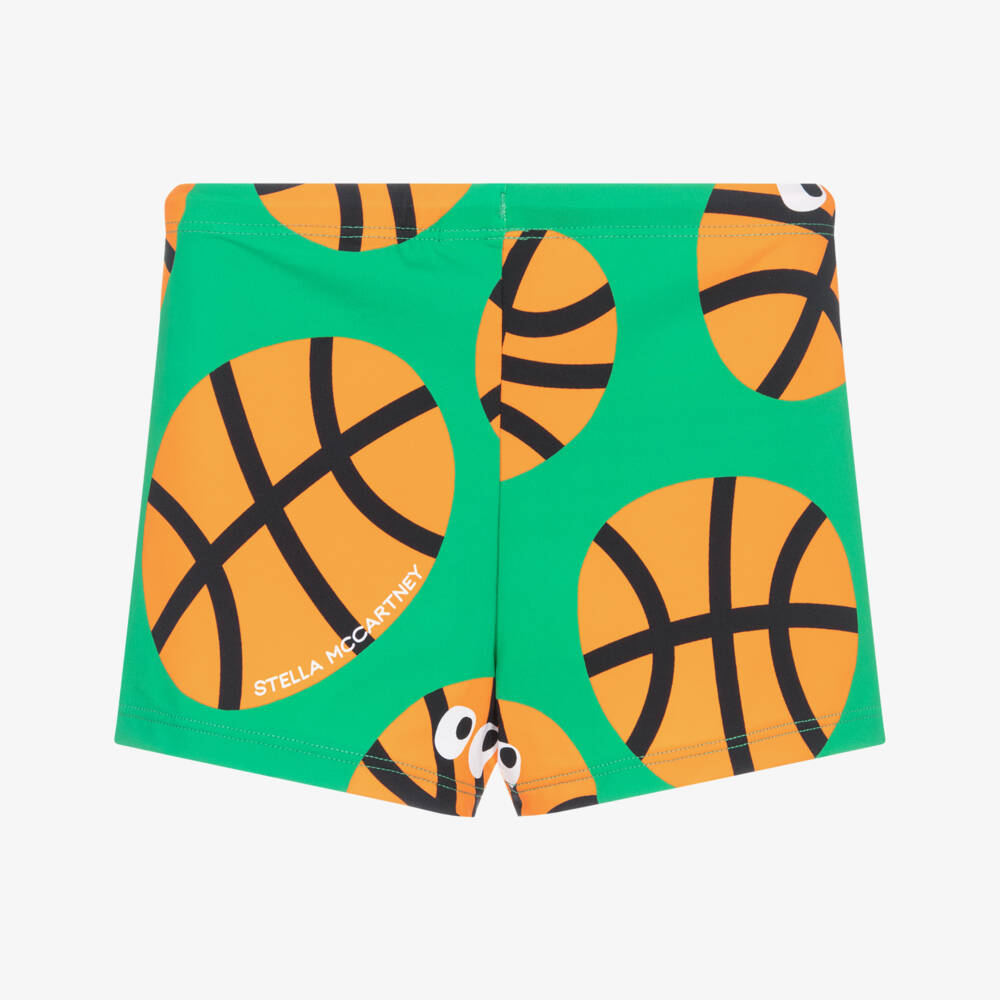 Stella McCartney Kids-Boys Green & Orange Basketball Print Swim Shorts (UPF50+) | Childrensalon