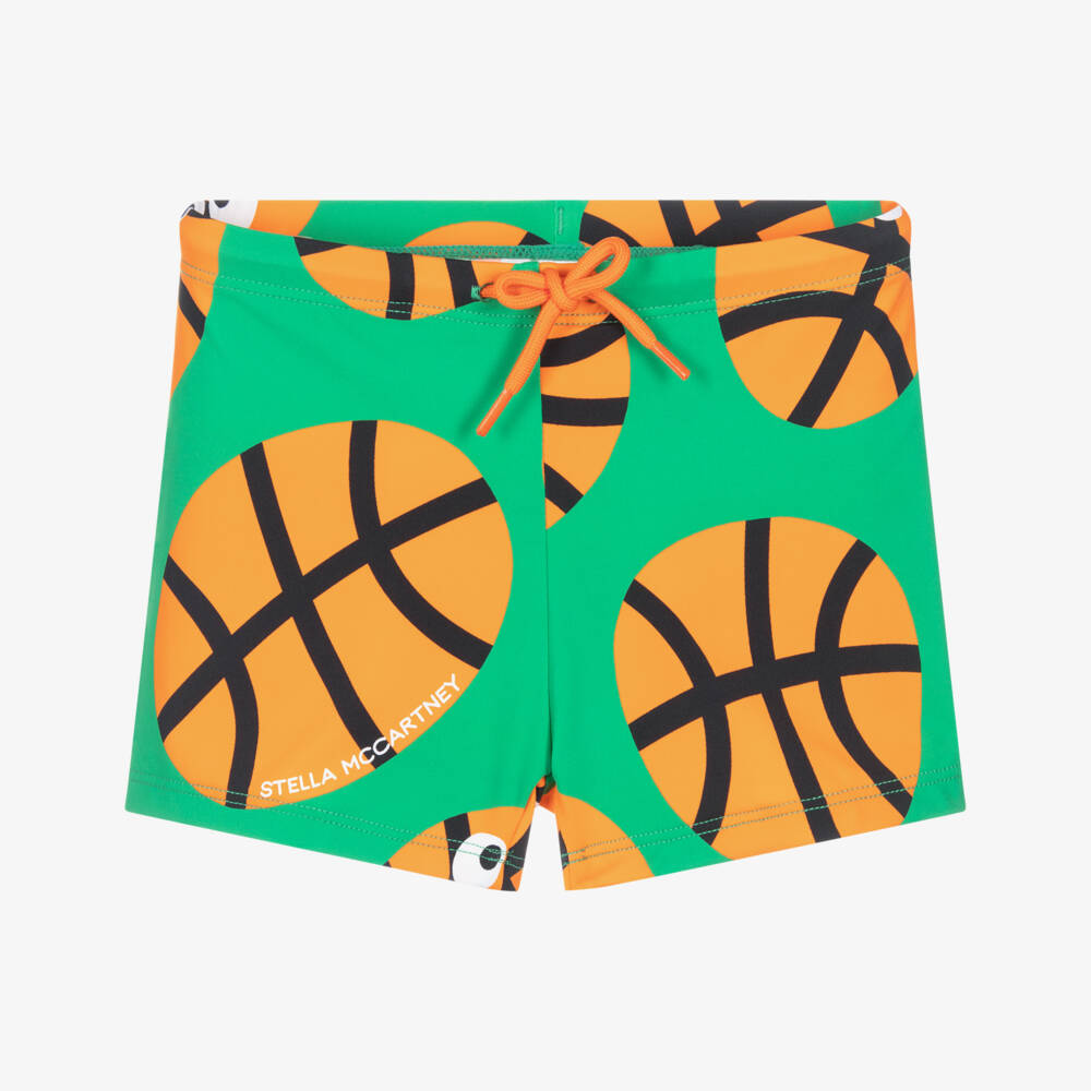 Stella McCartney Kids-Boys Green & Orange Basketball Print Swim Shorts (UPF50+) | Childrensalon