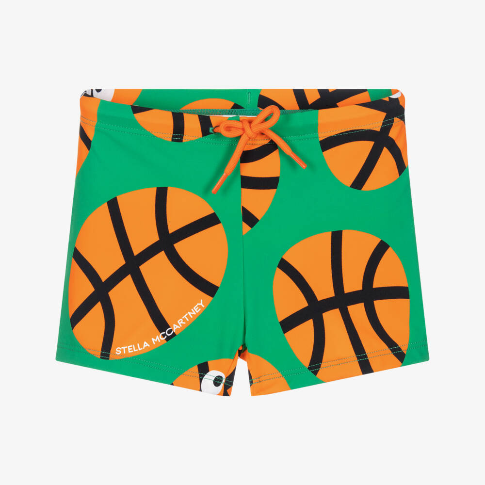 Stella McCartney Kids-شورت سباحة بطبعة كرة سلة لون أخضر وبرتقالي للأولاد (UPF50+) | Childrensalon