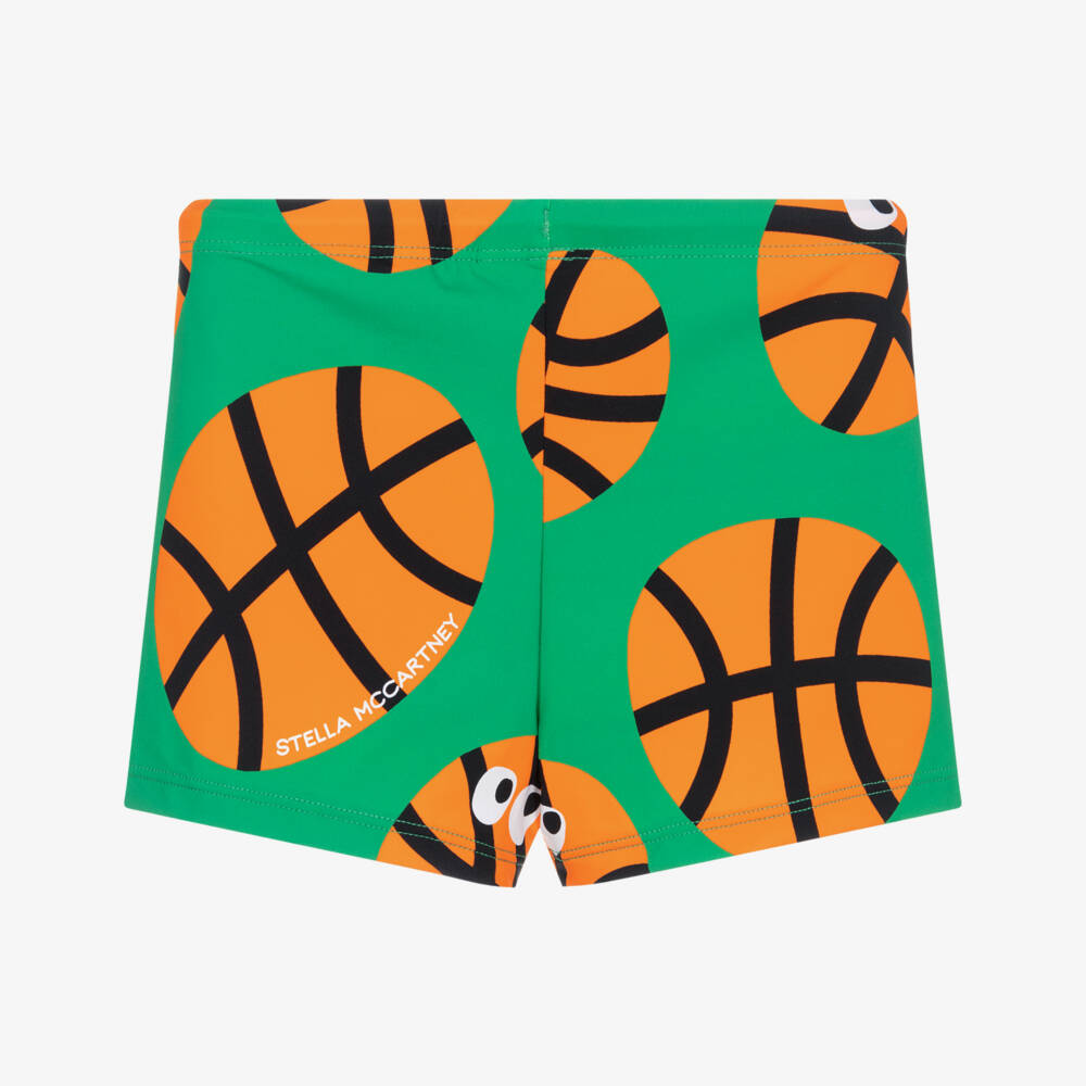 Stella McCartney Kids-Boys Green & Orange Basketball Print Swim Shorts (UPF50+) | Childrensalon
