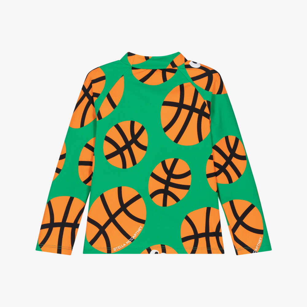 Stella McCartney Kids-Boys Green & Orange Basketball Print Swim Top (UPF50+) | Childrensalon