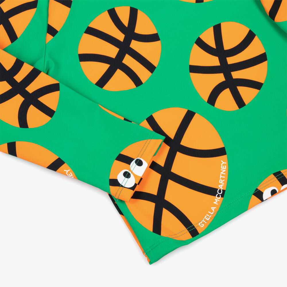Stella McCartney Kids-Boys Green & Orange Basketball Print Swim Top (UPF50+) | Childrensalon