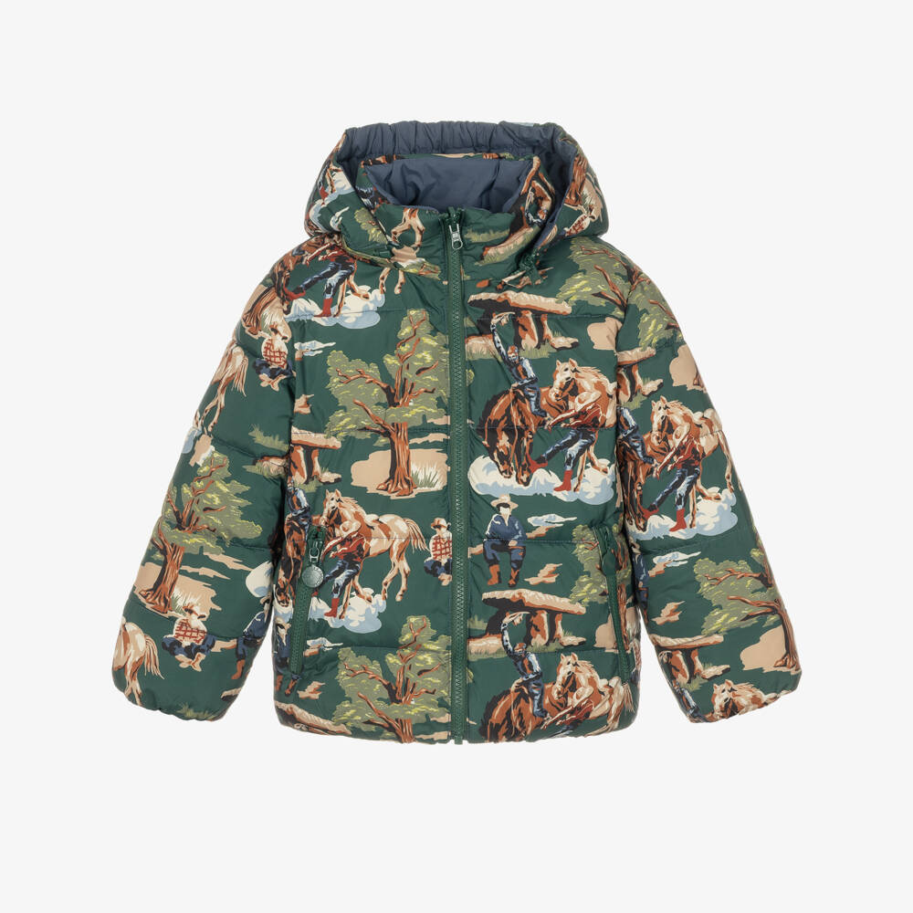 Stella McCartney Kids-Boys Green Reversible Puffer Jacket with Cowboy Theme | Childrensalon