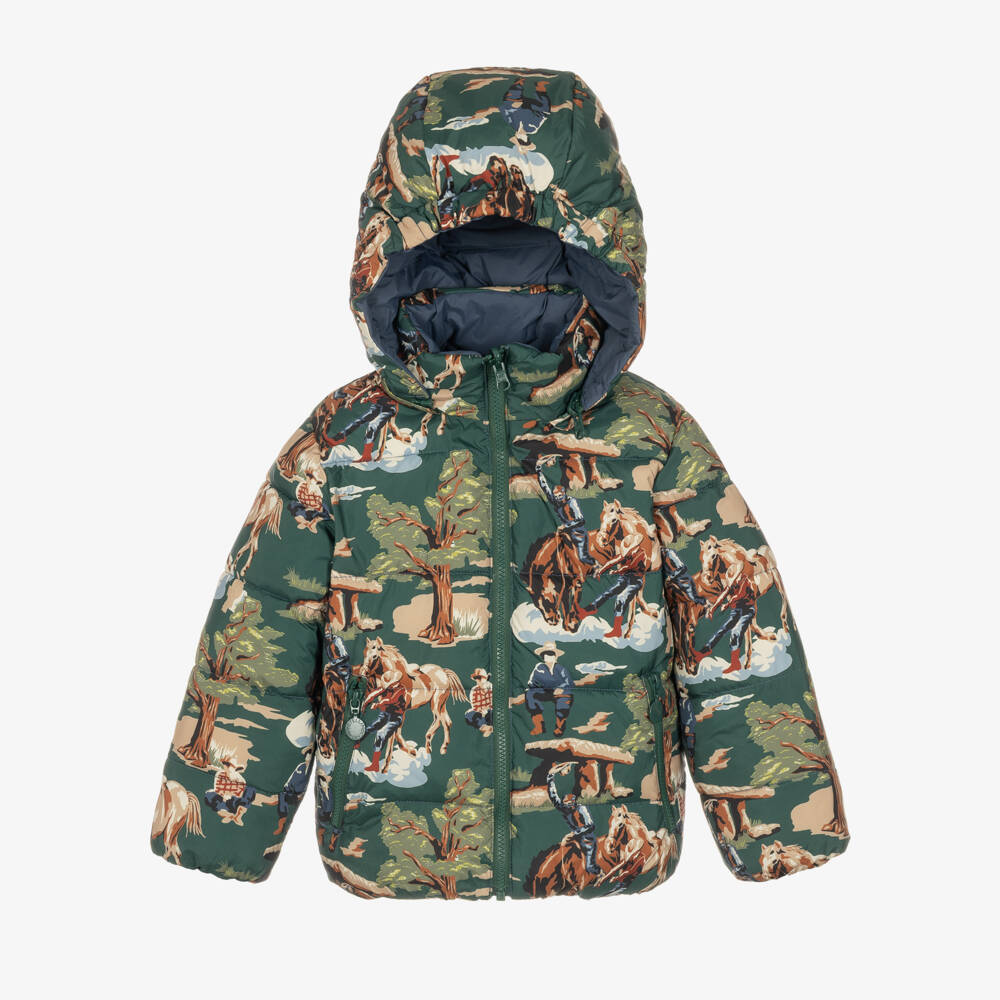 Stella McCartney Kids-Boys Green Reversible Puffer Jacket with Cowboy Theme | Childrensalon