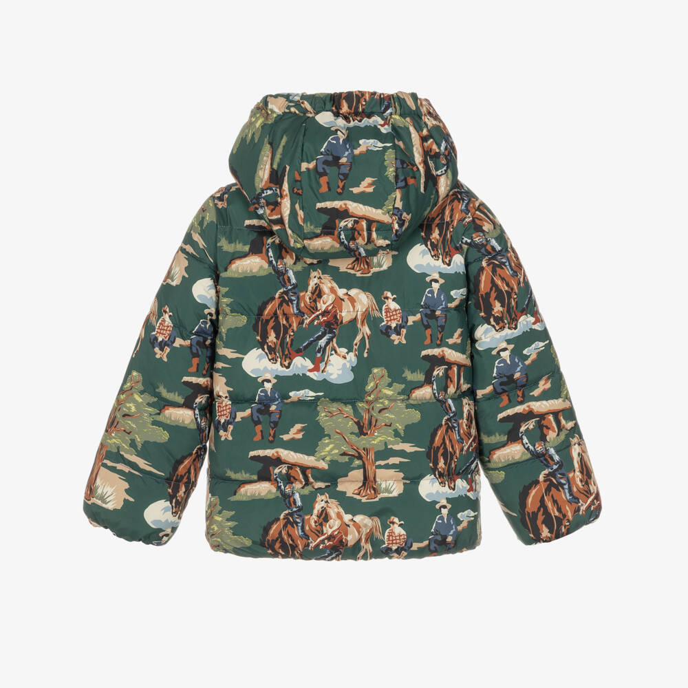 Stella McCartney Kids-Boys Green Reversible Puffer Jacket with Cowboy Theme | Childrensalon