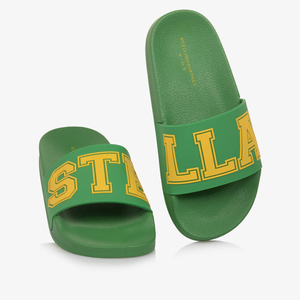 Stella McCartney Kids-Boys Green Sliders with Yellow Logo Lettering | Childrensalon