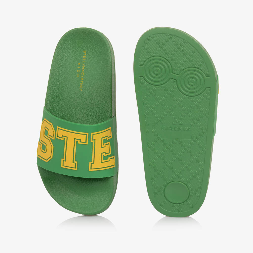 Stella McCartney Kids-Boys Green Sliders with Yellow Logo Lettering | Childrensalon