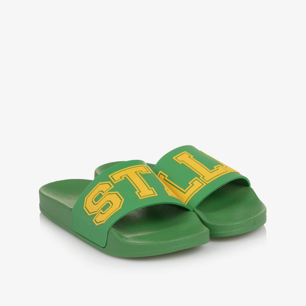 Stella McCartney Kids-Boys Green Sliders with Yellow Logo Lettering | Childrensalon