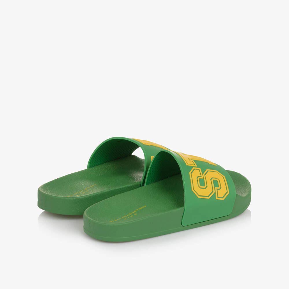 Stella McCartney Kids-Boys Green Sliders with Yellow Logo Lettering | Childrensalon