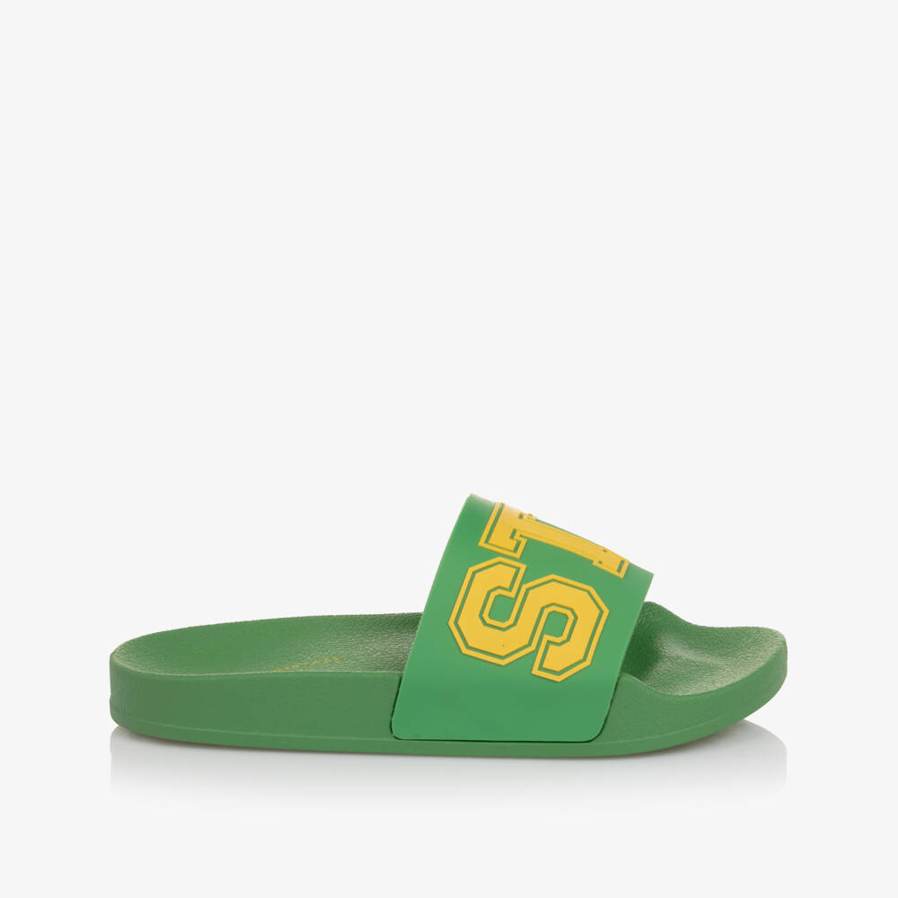 Stella McCartney Kids-Boys Green Sliders with Yellow Logo Lettering | Childrensalon