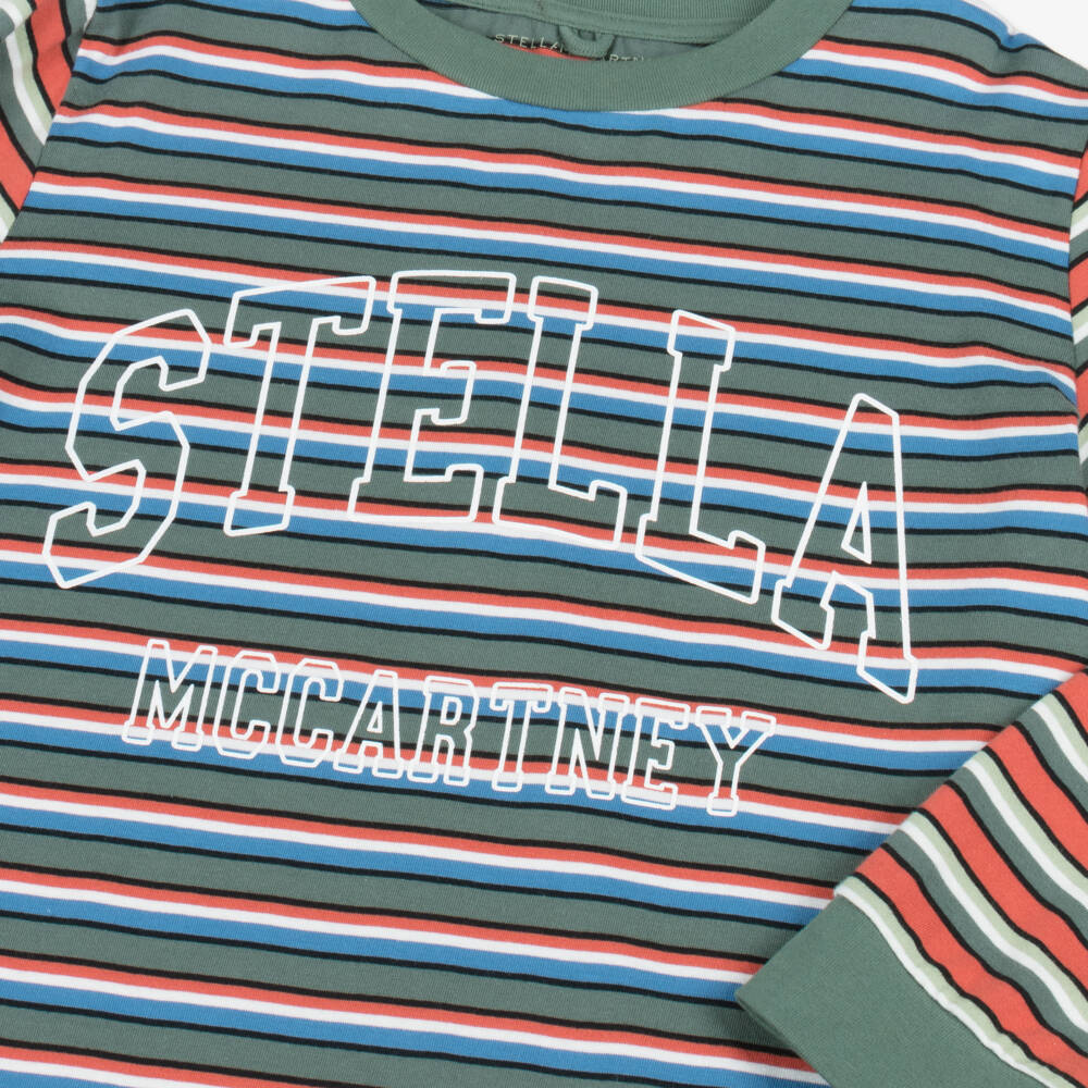 Stella McCartney Kids-توب قطن بشعار فارسيتي مقلم لون أخضر للأولاد | Childrensalon