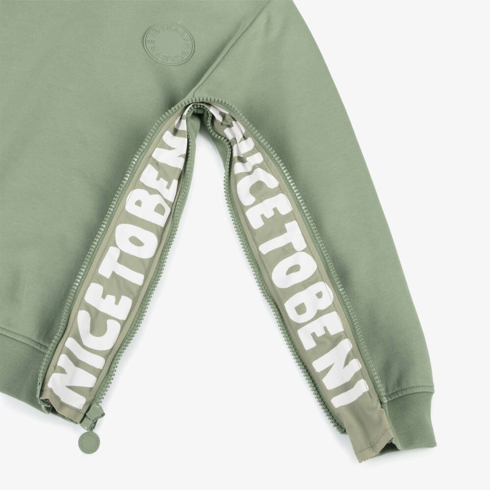Stella McCartney Kids-Boys Green Sweatshirt with Zipped Slogan Sides | Childrensalon