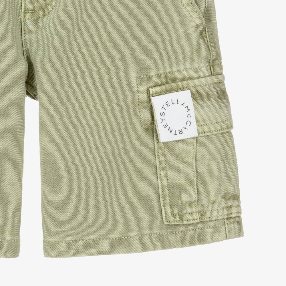 Stella McCartney Kids-Boys Green Washed Effect Cotton Cargo Shorts | Childrensalon