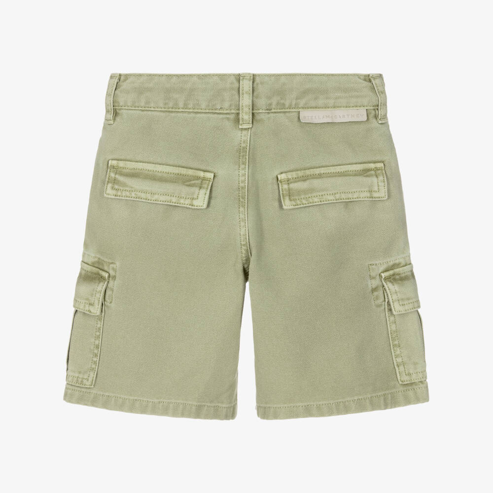 Stella McCartney Kids-Boys Green Washed Effect Cotton Cargo Shorts | Childrensalon