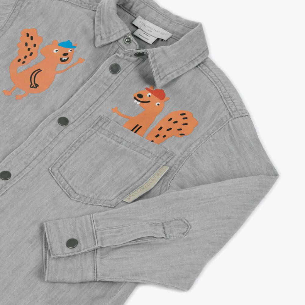 Stella McCartney Kids-قميص قطن رمادي للأولاد بنقشة السنجاب | Childrensalon