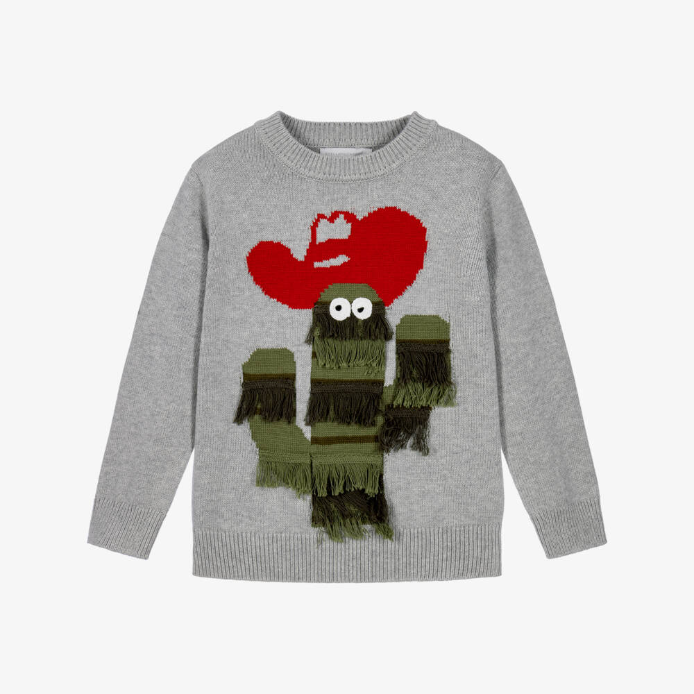 Stella McCartney Kids-Boys Grey Cotton Knit Cactus Sweater | Childrensalon