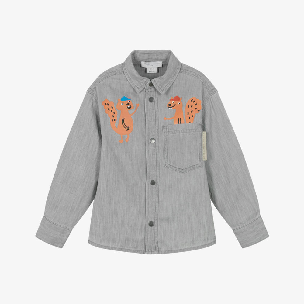 Stella McCartney Kids-Серая хлопковая рубашка с белкой для мальчиков | Childrensalon