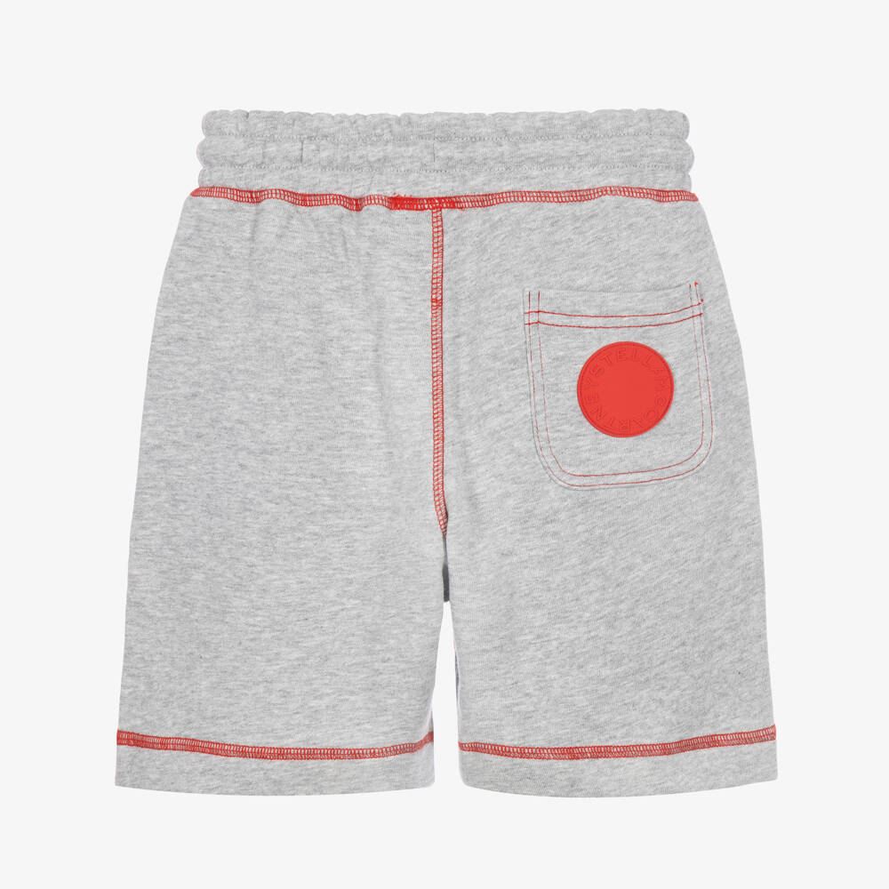 Stella McCartney Kids-Boys Grey Marl Cotton Shorts with Red Stitched Trim | Childrensalon