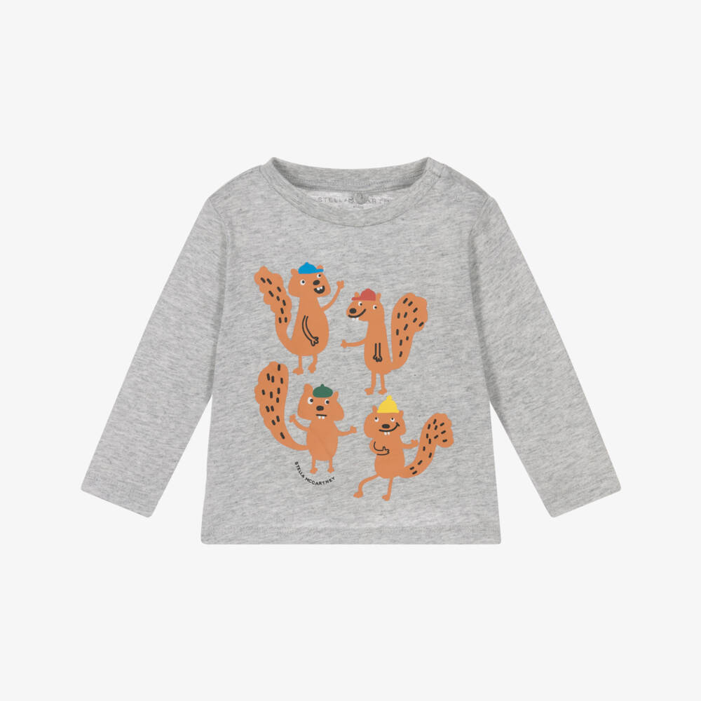 Stella McCartney Kids-Серая хлопковая футболка с белкой для мальчиков | Childrensalon