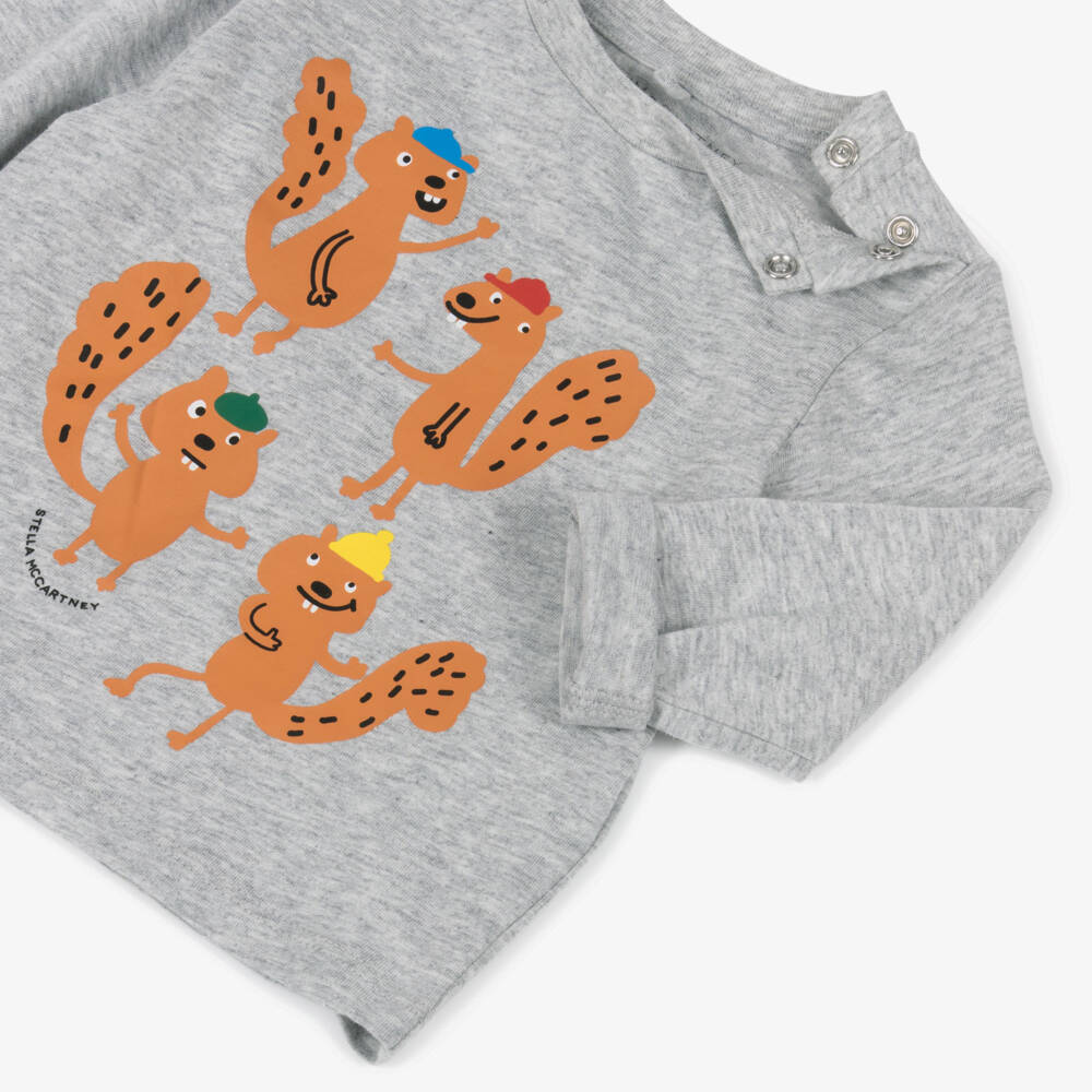 Stella McCartney Kids-Серая хлопковая футболка с белкой для мальчиков | Childrensalon