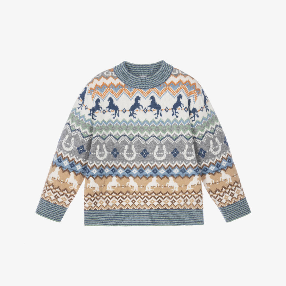 Stella McCartney Kids-Boys Grey Wool Fair Isle & Equestrian Sweater  | Childrensalon