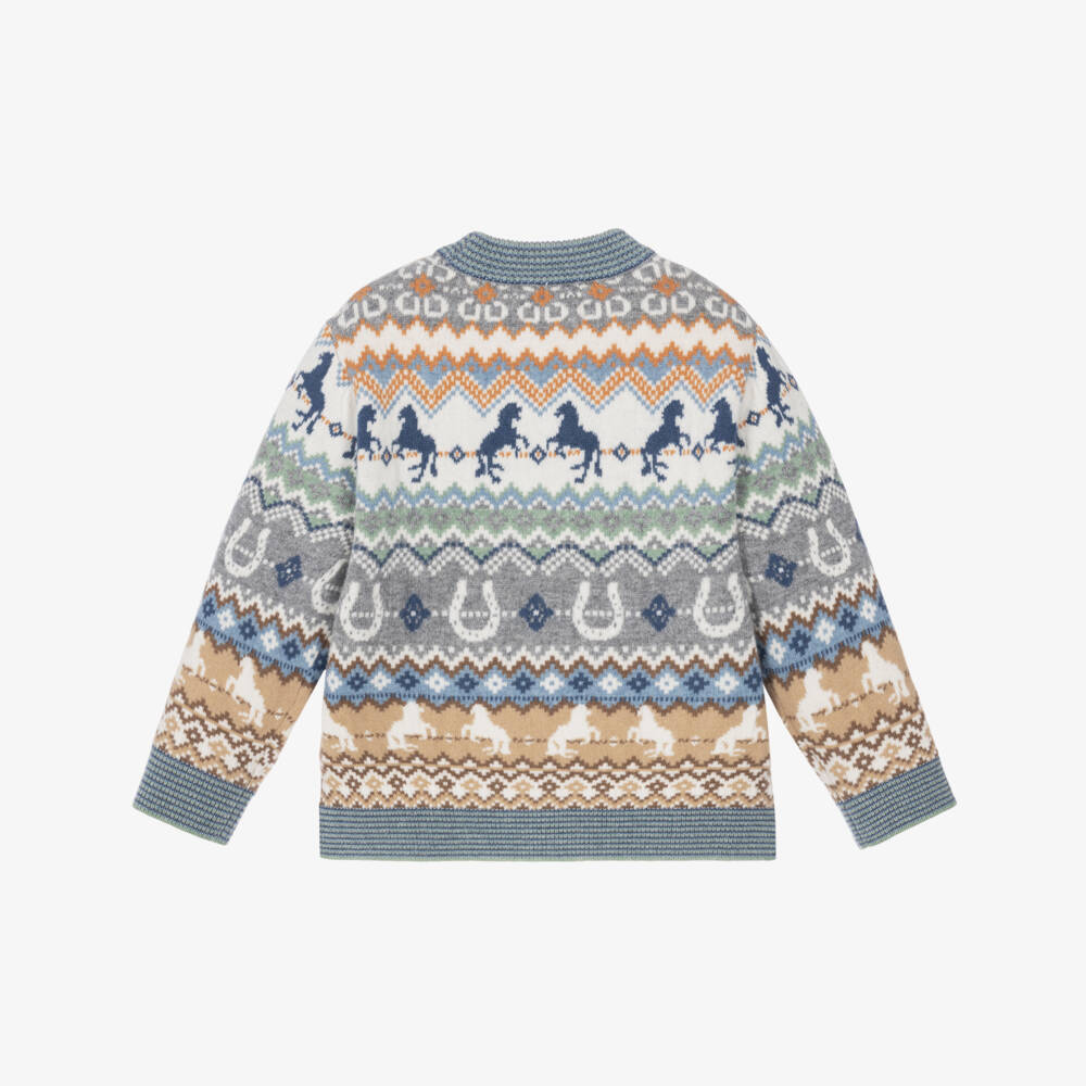Stella McCartney Kids-Boys Grey Wool Fair Isle & Equestrian Sweater | Childrensalon