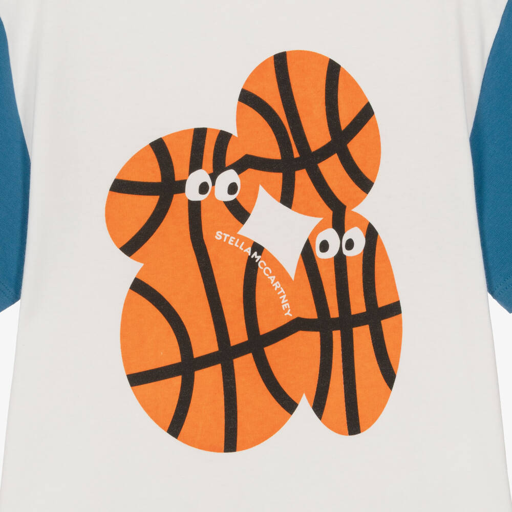 Stella McCartney Kids-Boys Ivory & Blue Cotton Basketball Print T-Shirt | Childrensalon