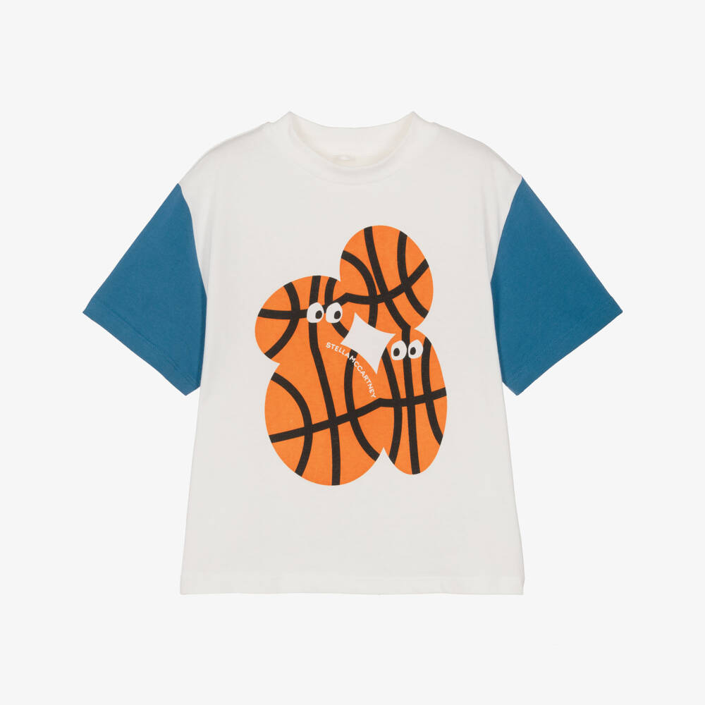 Stella McCartney Kids-Boys Ivory & Blue Cotton Basketball Print T-Shirt | Childrensalon