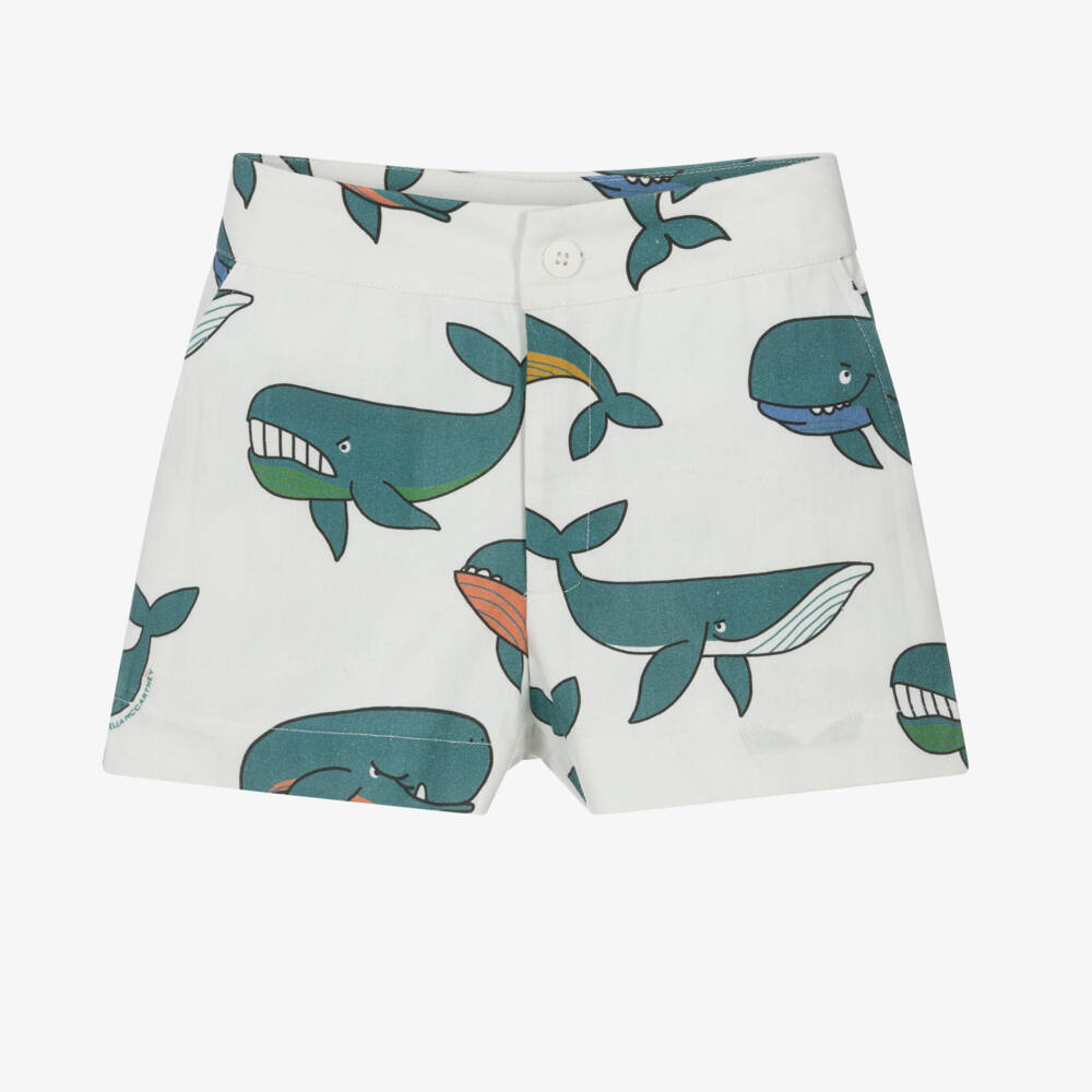 Stella McCartney Kids-Boys Ivory & Blue Whale Print Shorts | Childrensalon