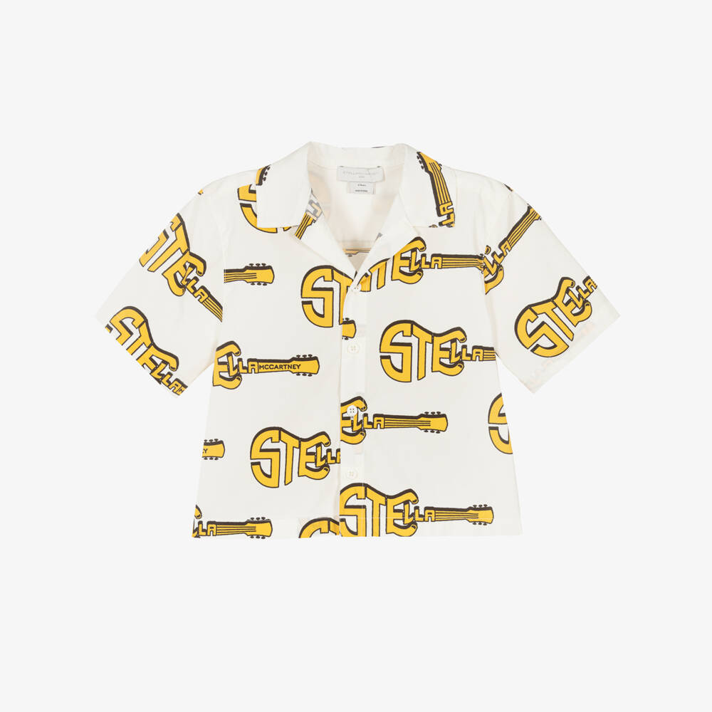 Stella McCartney Kids-قميص قطن بطبعة جيتار أصفر لون عاجي للأولاد | Childrensalon