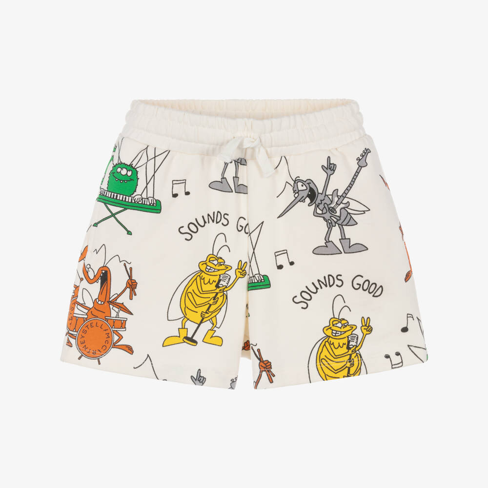 Stella McCartney Kids-Шорты кремовые хлопковые с принтом жуков-музыкантов для мальчиков  | Childrensalon