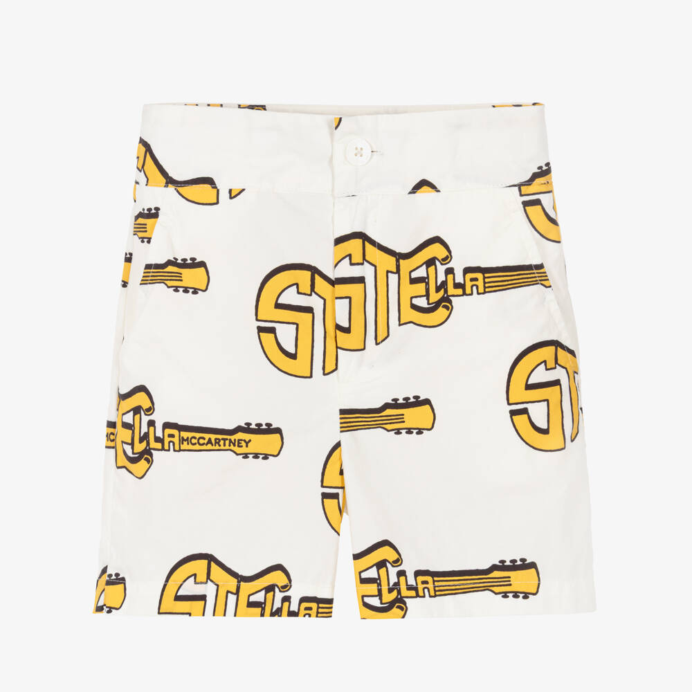 Stella McCartney Kids-Шорты кремовые хлопковые с жёлтыми гитарами для мальчиков  | Childrensalon