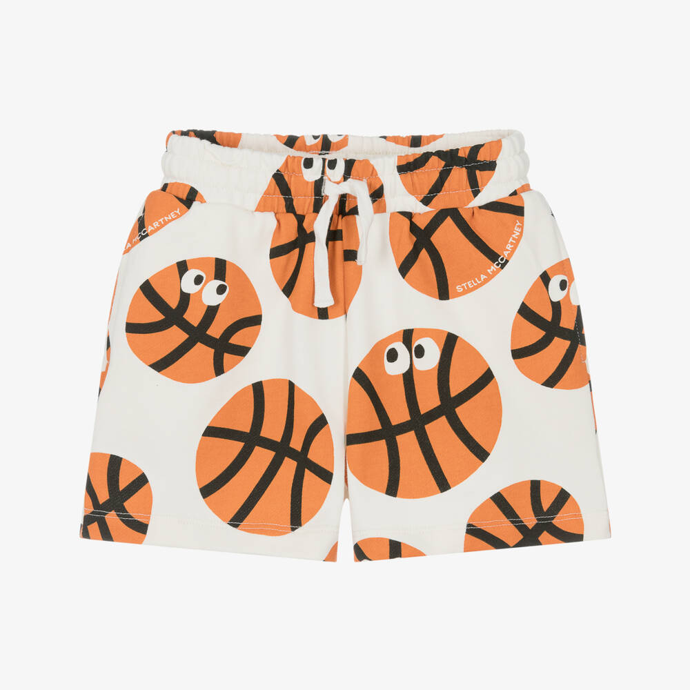 Stella McCartney Kids-Boys Ivory & Orange Basketball Print Shorts | Childrensalon