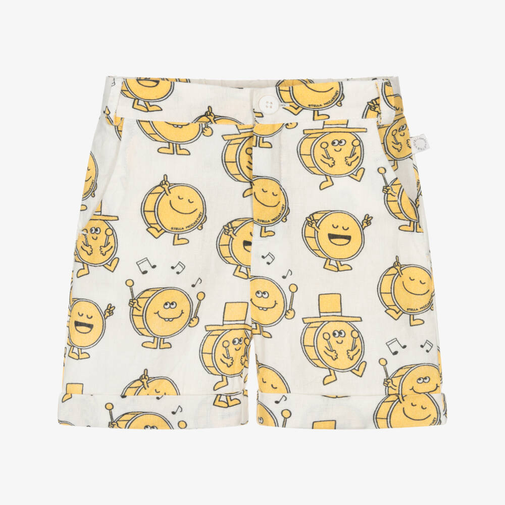 Stella McCartney Kids-Boys Ivory & Yellow Drum Print Shorts | Childrensalon