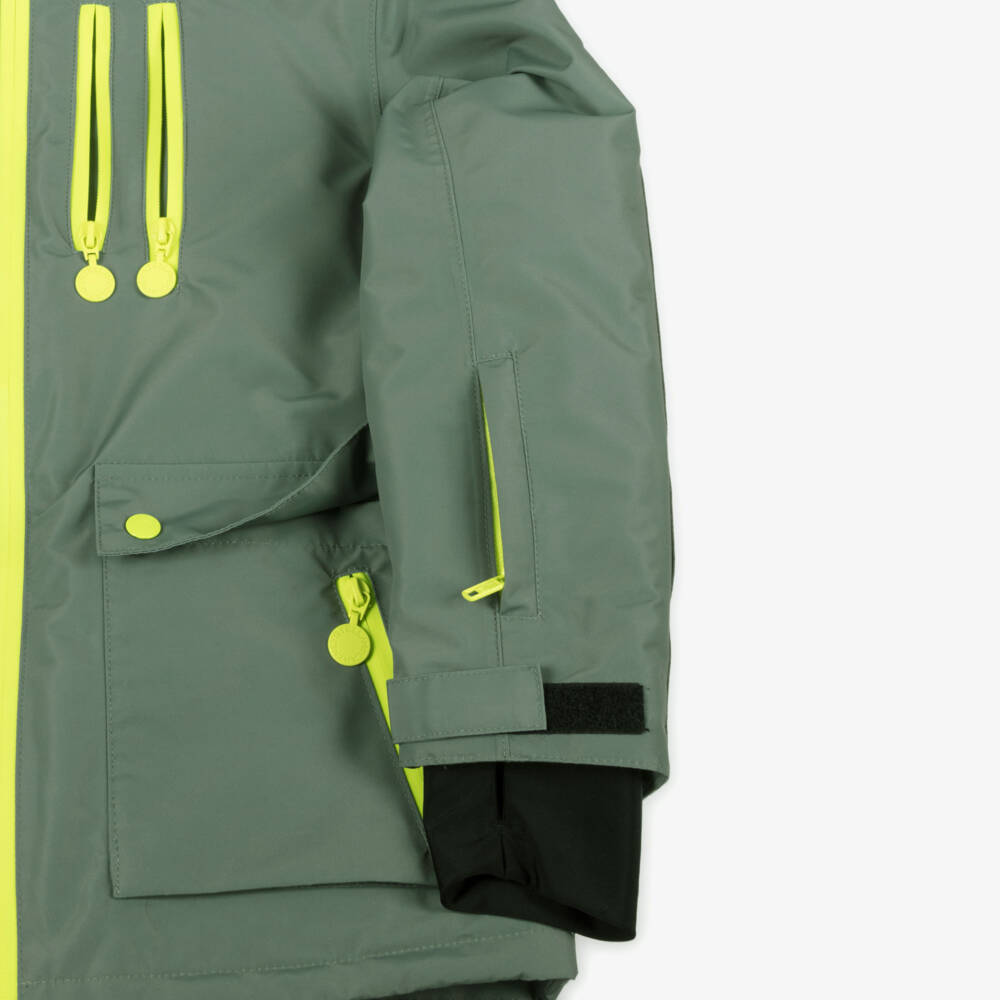 Stella McCartney Kids-Boys Khaki Green Ski Jacket With Neon Yellow Detailing | Childrensalon