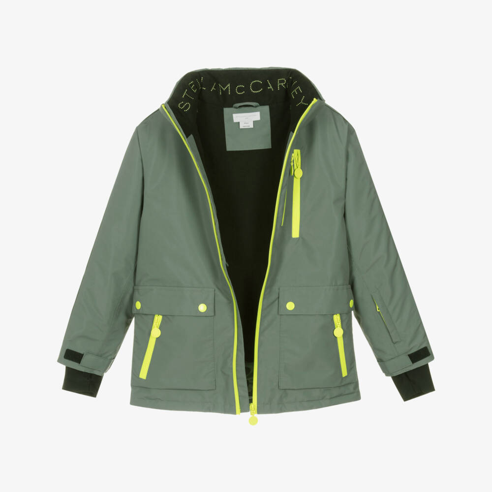 Stella McCartney Kids-Boys Khaki Green Ski Jacket With Neon Yellow Detailing | Childrensalon
